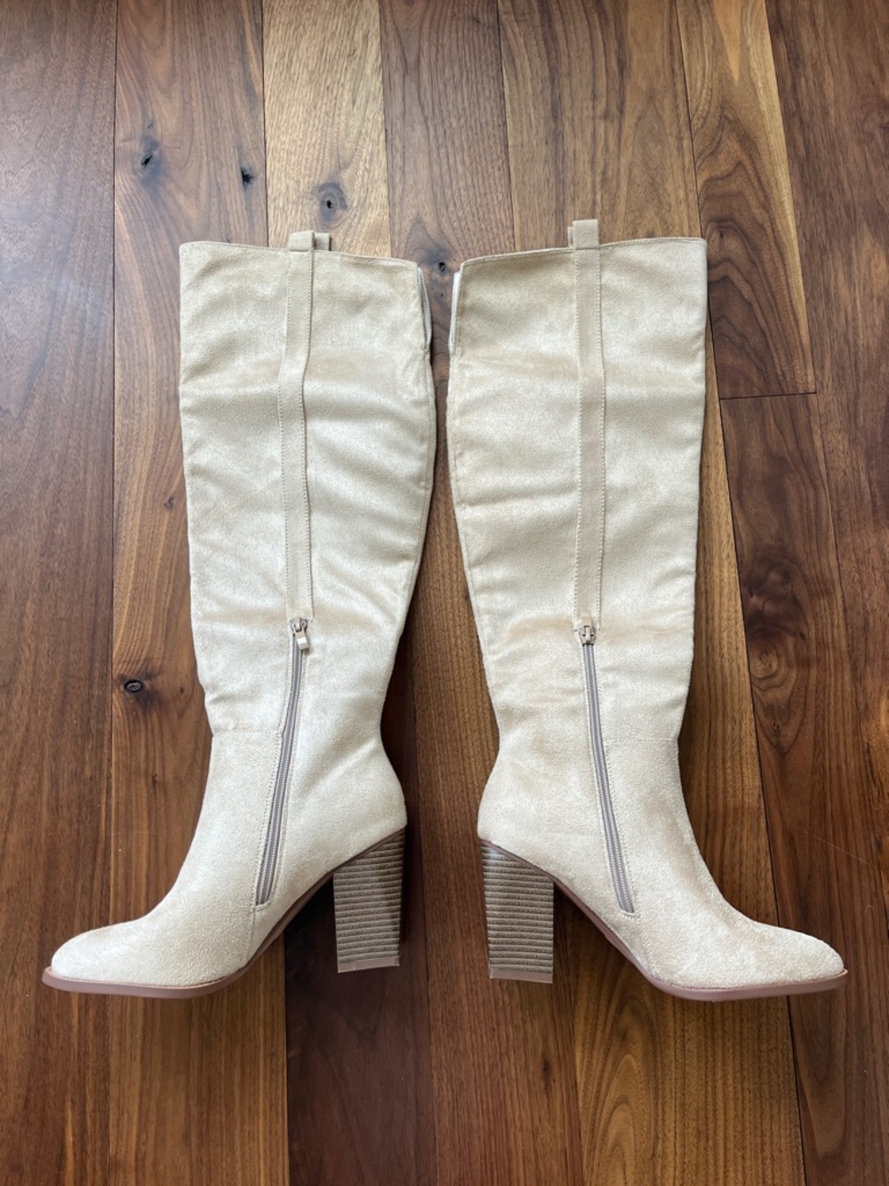 Women's Knee-High Cream Faux Suede Block Heel Boots